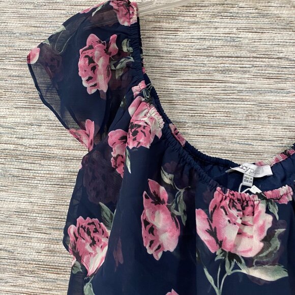 Lucy Pass Navy Floral Chiffon Ruffled Blouse With Pink Peony Print - Small NWT - Picture 3 of 7
